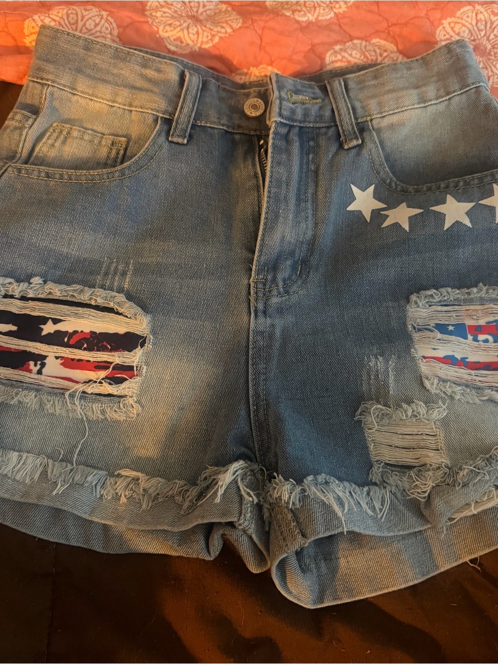 Light Blue Distressed Denim Shorts with Star Detail